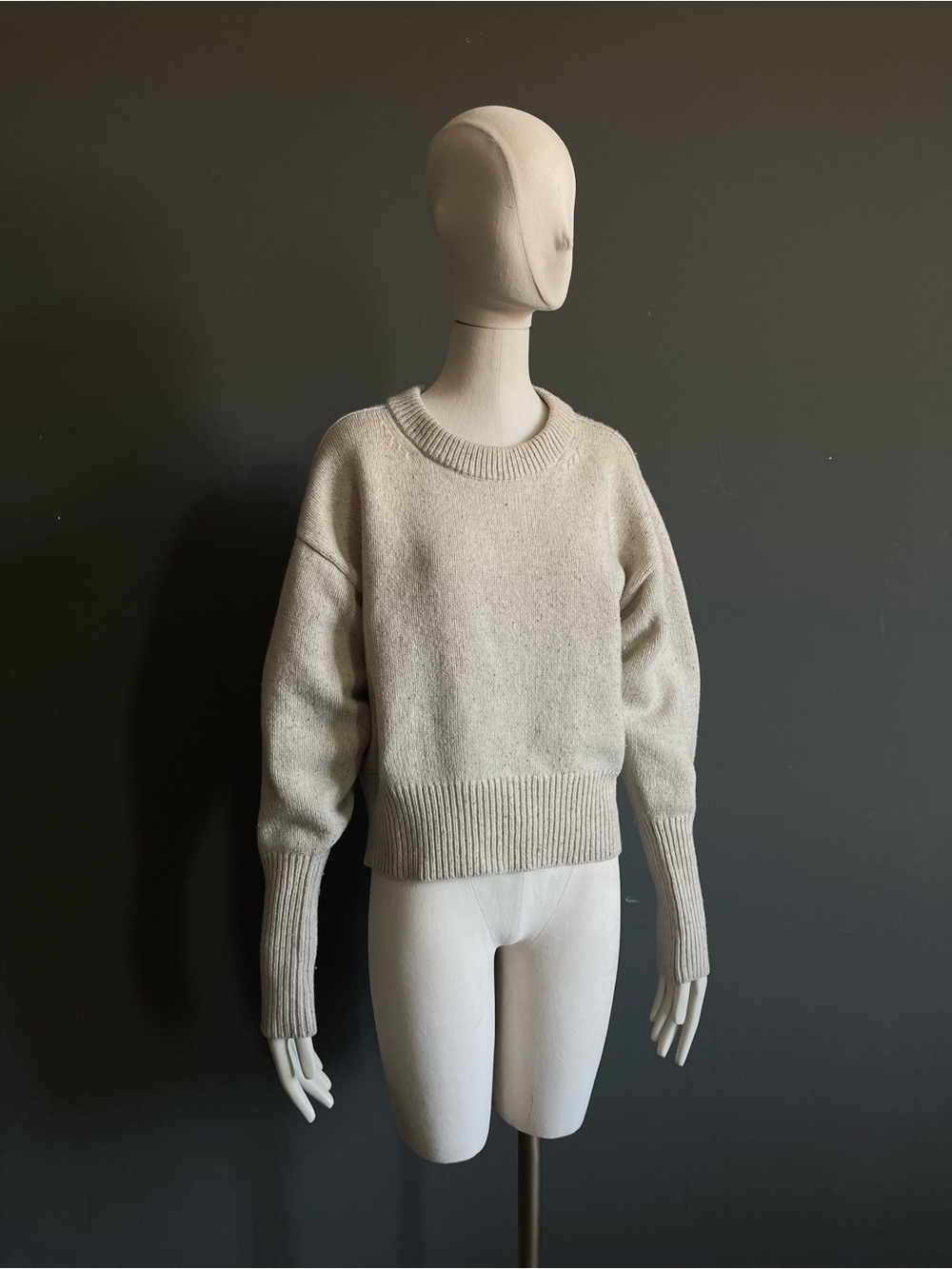 JOSEPH Cream 100% Merino Wool Tweed Knit Balloon Sleeve Crewneck Sweater Size M